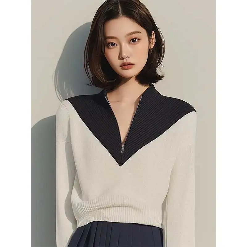 Women Clothing Spring Autumn Fashion Korean Zipper Color Blocking Half High Collar Female Knitting Sweater Long Sleeve Pullovers