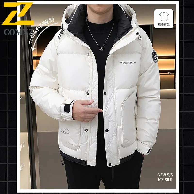 COMXZ Men Down Jacket 2025 Trendy Hooded Collar Commute Office Lightweight Puffer Coat Trendy Leisure Business Warm Winter Coat