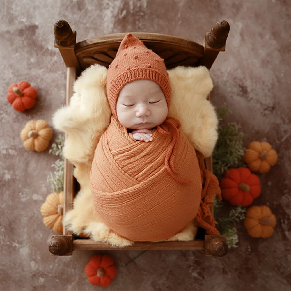 Newborn Photography Props Seersucker Wrapping Knitted Hat Flower Headdress Hand Knit Pumpkin Studio Baby Photo Decoration Props