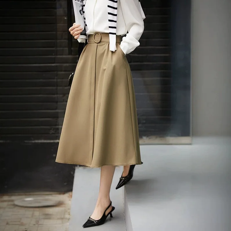 Vintage Khaki Green High Waist A-line Midi Skirt Pleated Solid Color Casual Elegant Office Lady Basic Commuted Work Skirt