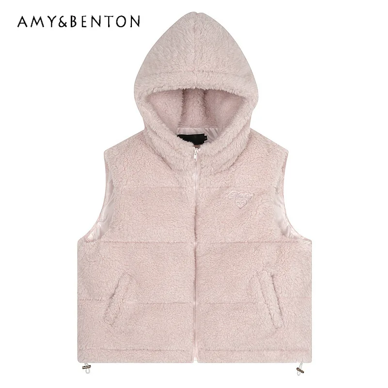 

Korean Design Pink Hooded Lamb Wool Women's Vests Autumn Winter Fashion Sweet Cute Versatile Warm Sleeveless Jacket Vest Girl