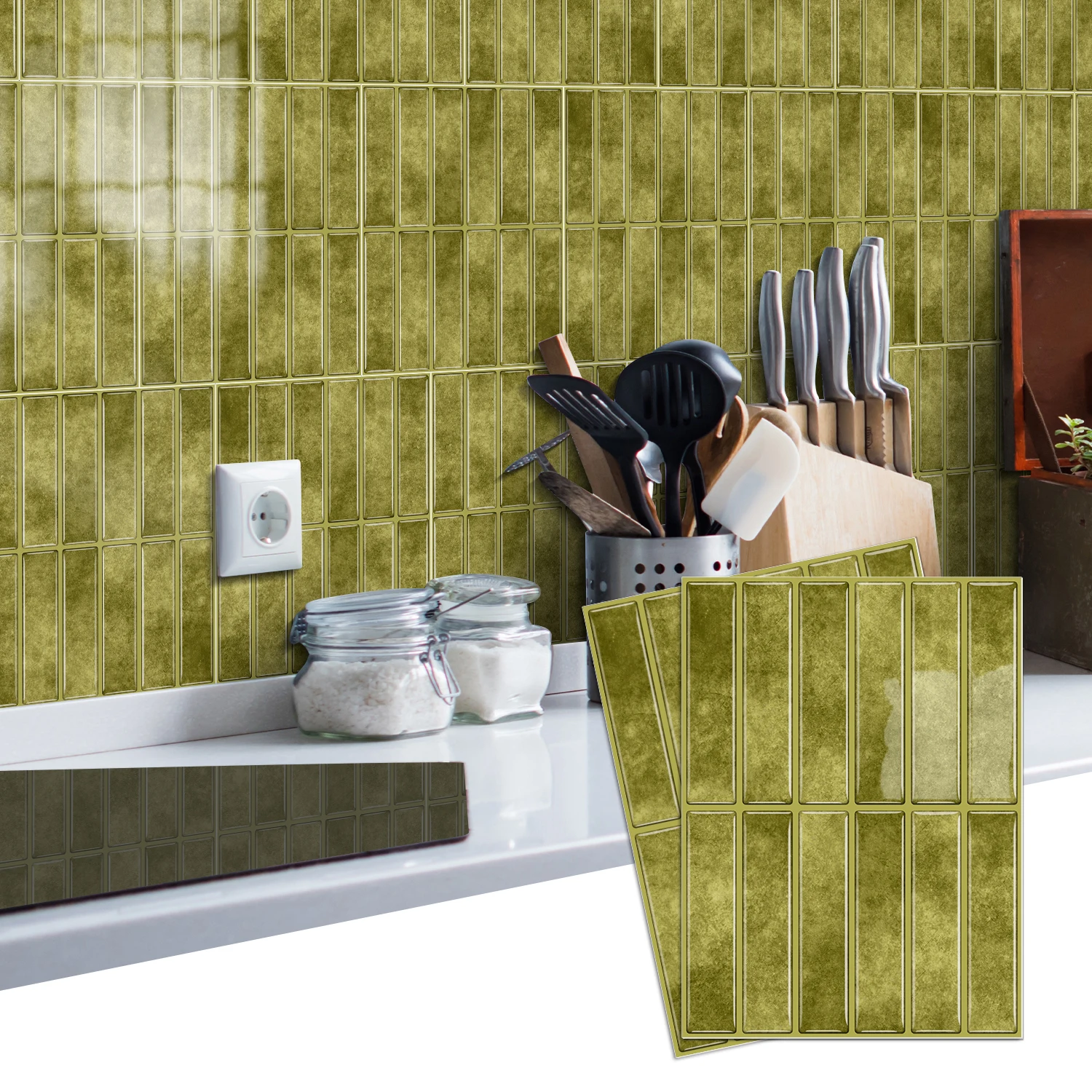 

Olive Green 3D Tile Self-Adhesive Wall Sticker (17×23cm) Thickened PE Foam Backsplash for Kitchen Bathroom Decor