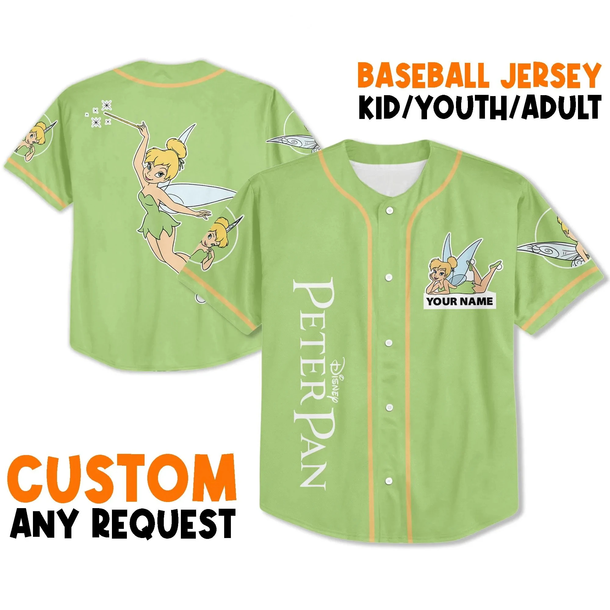 Potdemiel Custom Disney Tinker Bell 야구 유니폼 어린이 청소년 및 성인 유니폼 Princess Match Day 2025 유니폼