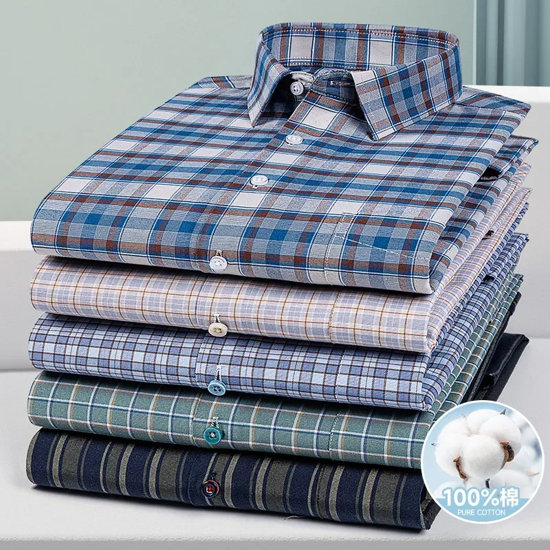 Качественная мужская рубашка из 100% чистого хлопка с длинным рукавом для оксфорда, мужская рубашка в клетку в полоску, рабочие повседневные рубашки с карманами, S-7XL 8XL