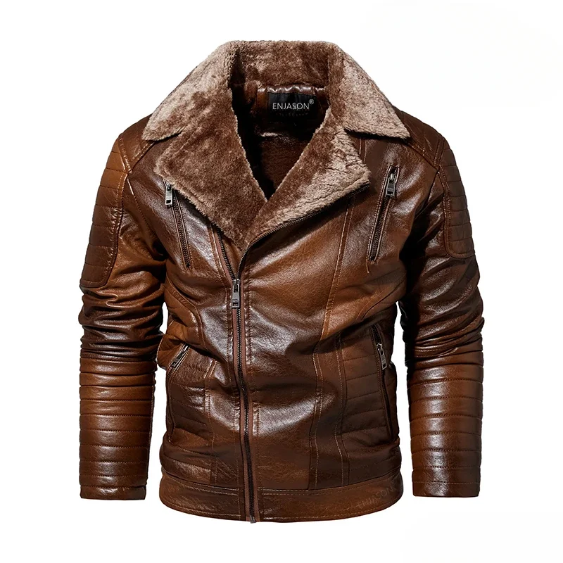 Men's Leather Jacket Autumn and Winter New Solid Color Slanted Zipper Design Outdoor Travel Lapel Coat Men Warm Leather Clothing
