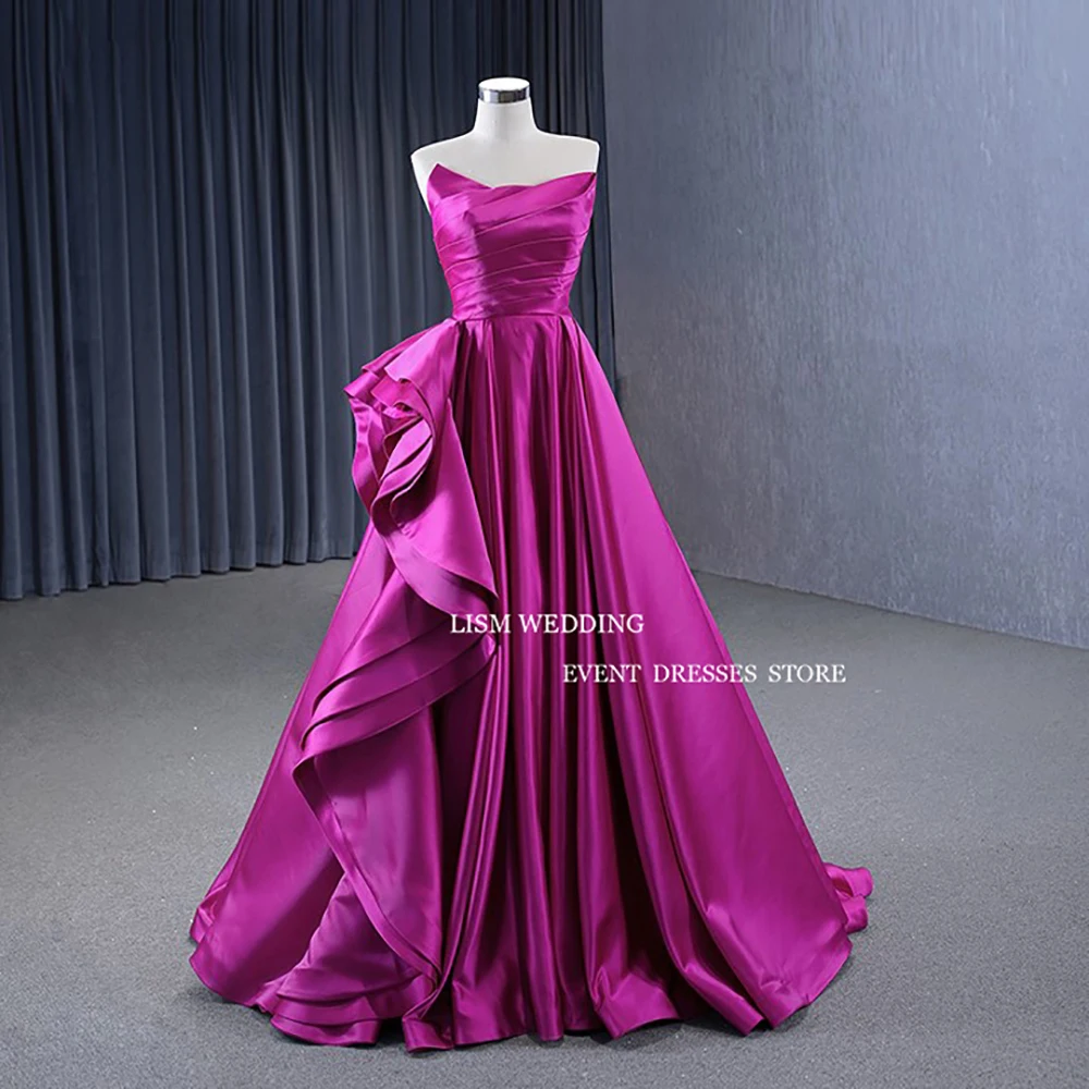 LISM Simple Rose Evening Dress Saudi Arabia Pleats Strapless Prom Gown Soft Satin Floor Length A Line Formal Occasion Dress