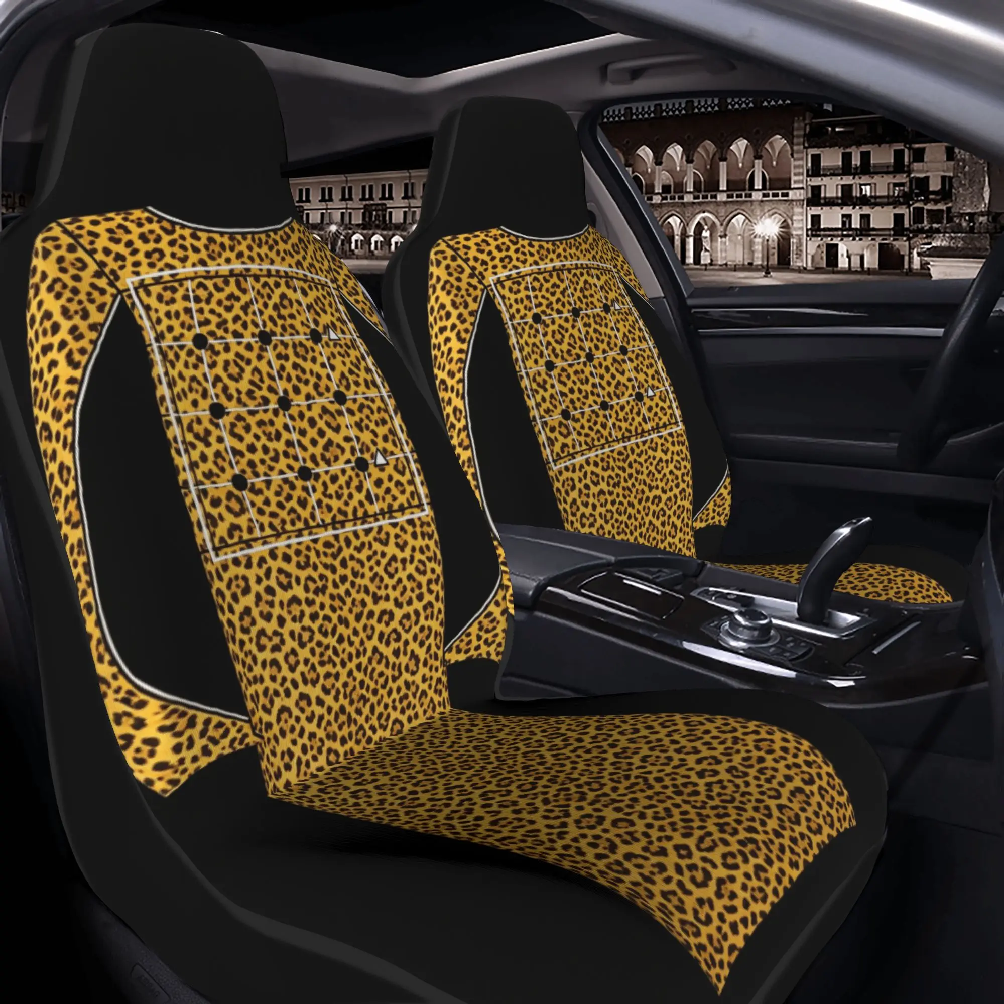2pcs Yellow Leopard Pattern High End Sense Grid Fashion Printed Car Seat Cover Universal Front Auto Seat Protector Breathable An