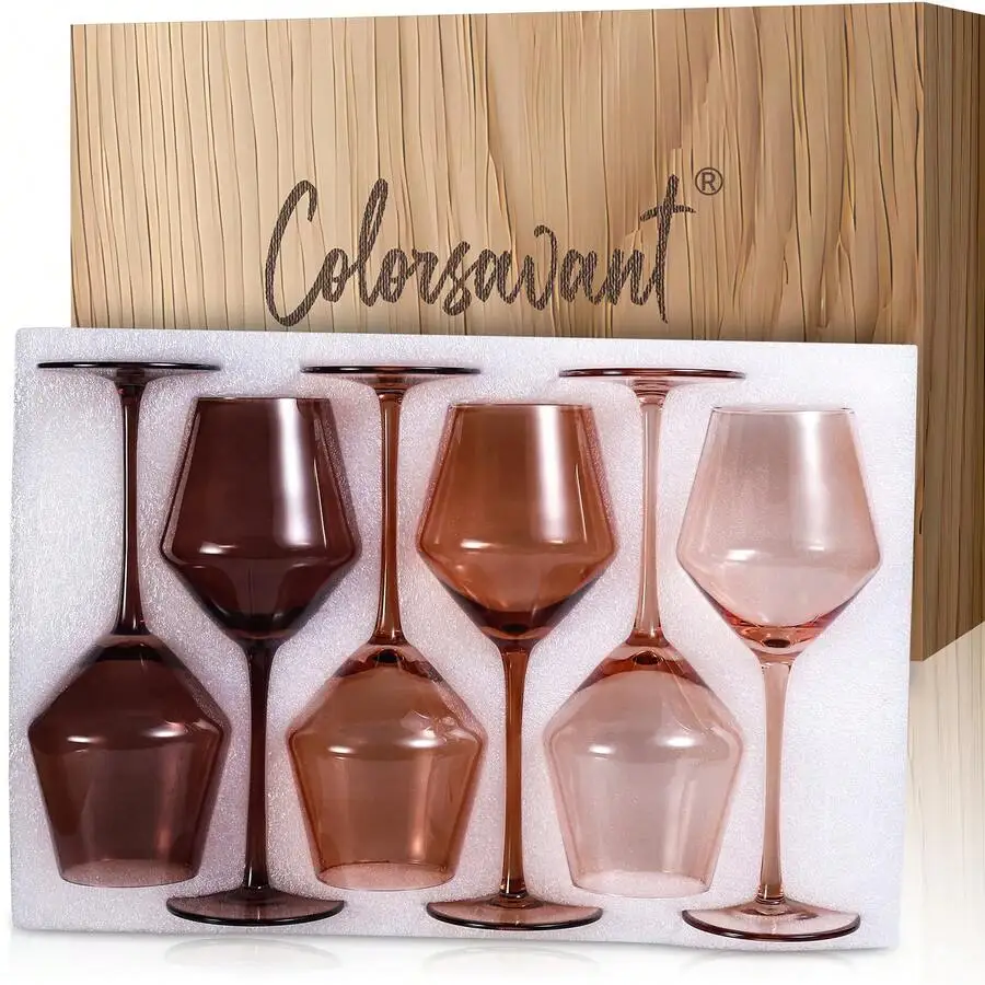 Venus Wine Glasses Set 6-16oz Colored Wine Glasses With Stem[HandBlown] Amber Wine Glasses Set,Unique Brown Wine Glasses For Hom
