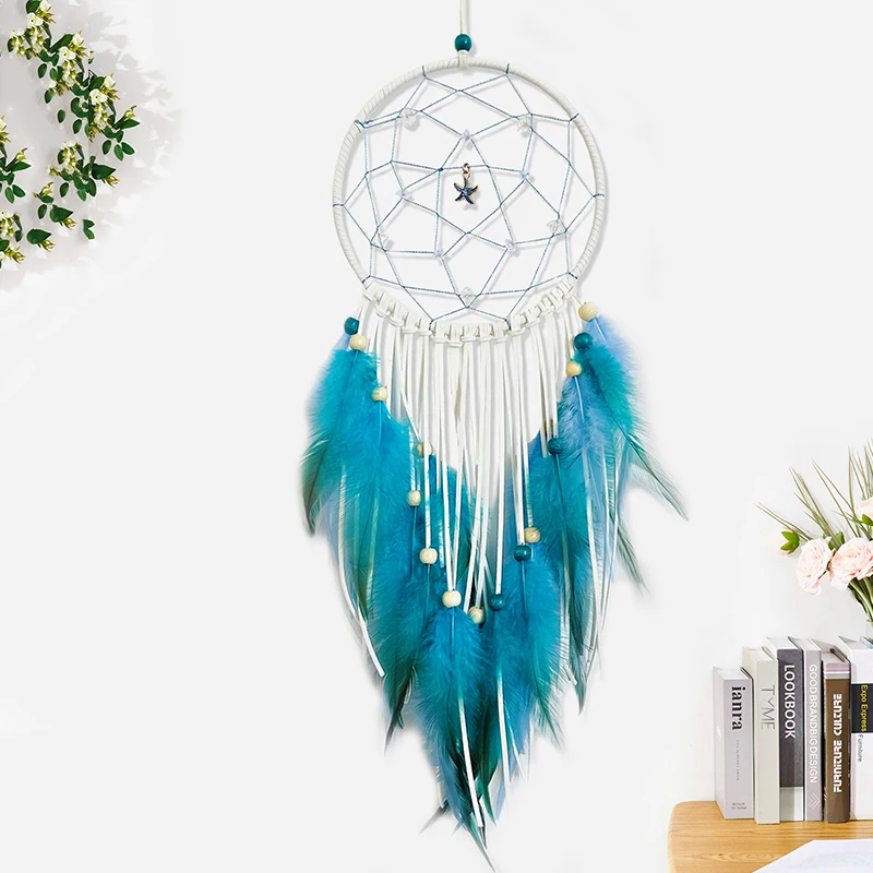 Dream Catcher Handmade Hanging Ornaments Blue Feather Wooden Bead Wind Chimes Birthday Party Gifts Home Decoration Accessories