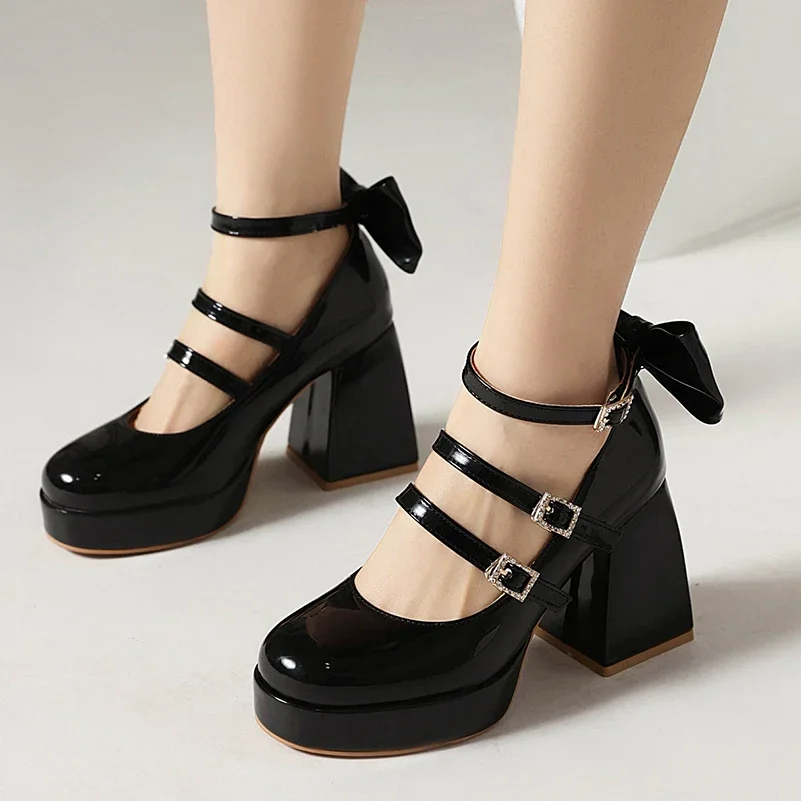 

Женские туфли-лодочки из лакированной кожи больших размеров с тремя рядами и маленькой пряжкой, летние туфли на очень высоком толстом каблуке