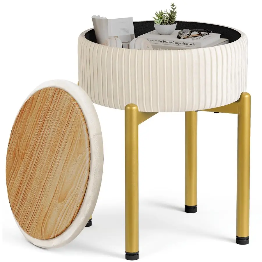 

18Inch Velvet Vanity Stool Chair with Storage, Vanity Bench with 4 Golden Metal Legs AntiSlip Adjustable Feet,Round Storage Ott