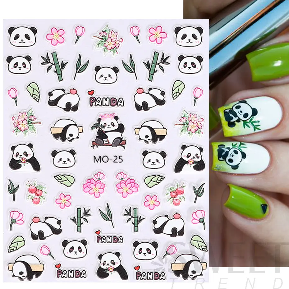 Cartoon Panda 5D Embossed Nail Stickers Tulip Daisy Bamboo Flower Moon Cute Summer Kawaii Manicure Tips Engraved Nail Decoration