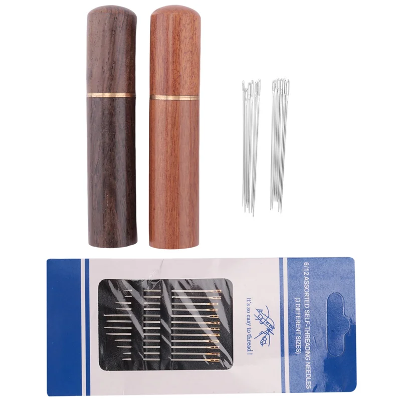 Durable 2Pcs Wooden Needle Case With 12 Gold Tail Back Hanging Needles And 4 Large-Eye Leather Stitching Needles For Handmade Se