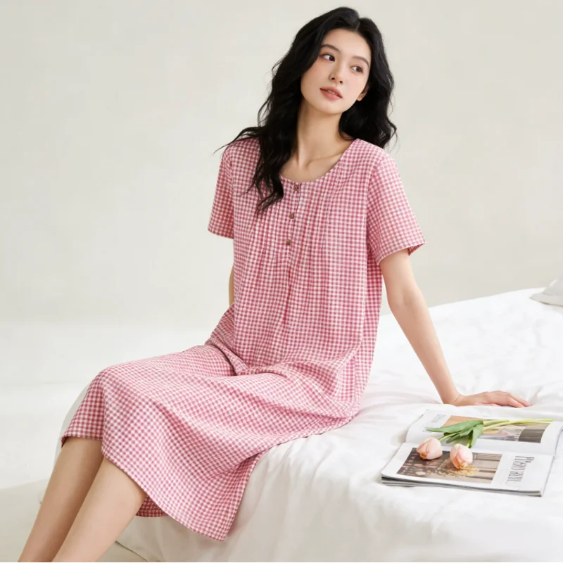 

Женская летняя повседневная ночная рубашка в клетку, женская ночная рубашка из 100% хлопка со встроенным бюстгальтером, женская домашняя одежда с короткими рукавами, рубашки для сна