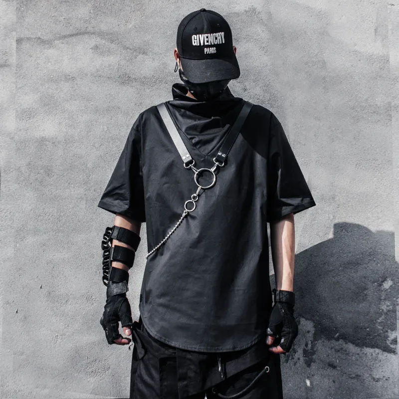 2023 Techwear Style Punk Hip Hop Turtleneck Short Sleeve T-shirt With Chain Mens Street Casual Tees Tops