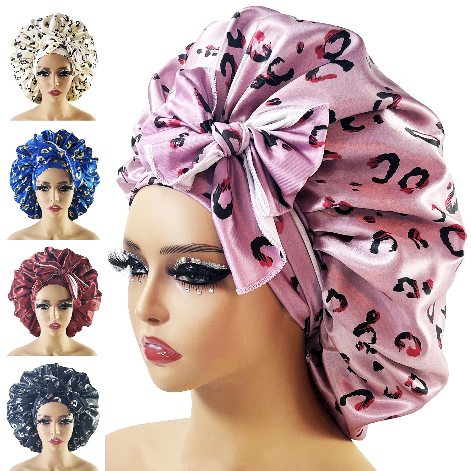 

New Large Satin Bonnet Silk Night Sleeping Cap With Head Tie Band Bonnet Edge Wrap For Women Curly Braid Hair