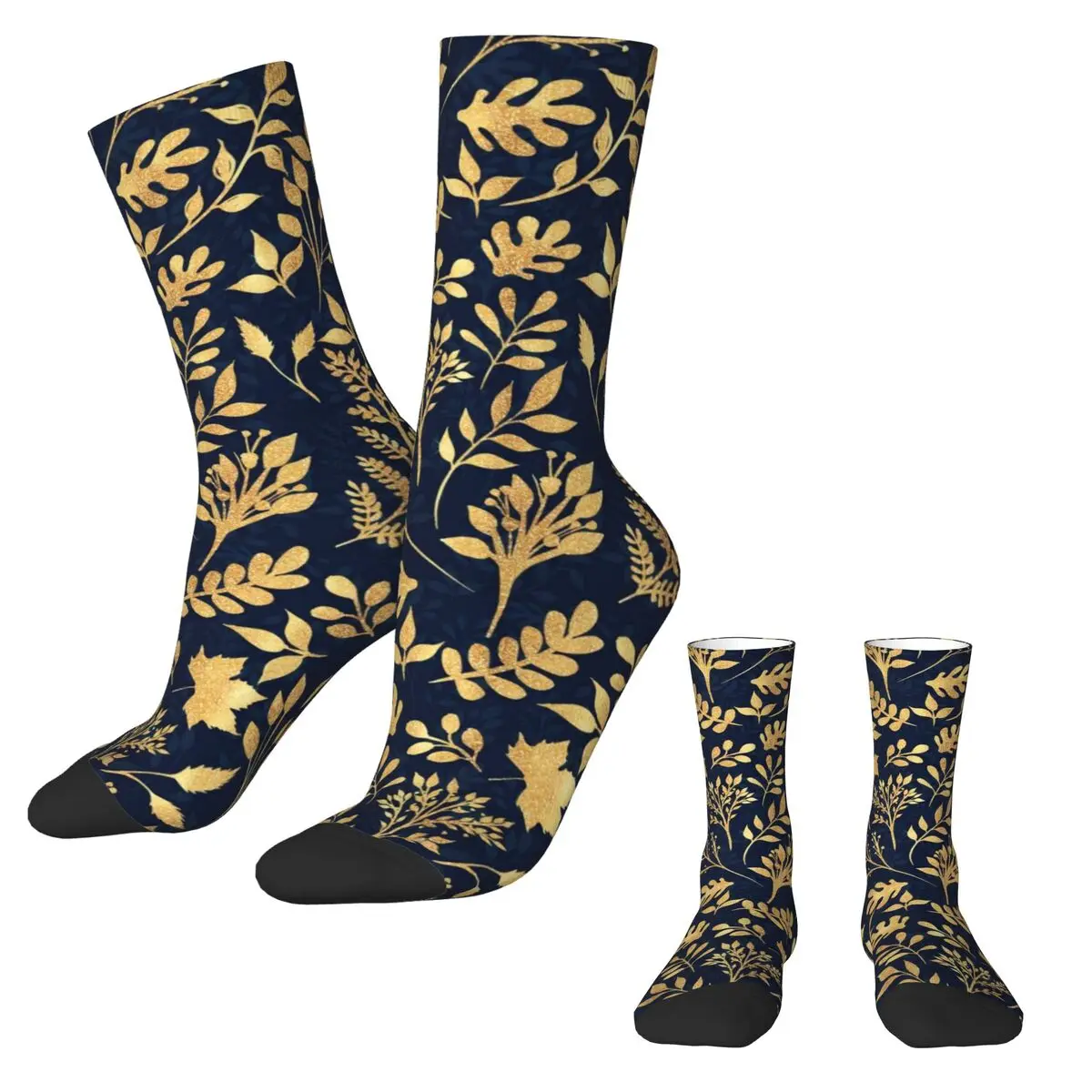 Gold Glitter Leaf Socks Elegant Floral Print Kawaii Stockings Autumn Non Skid Unisex Socks Comfortable Pattern Outdoor Socks