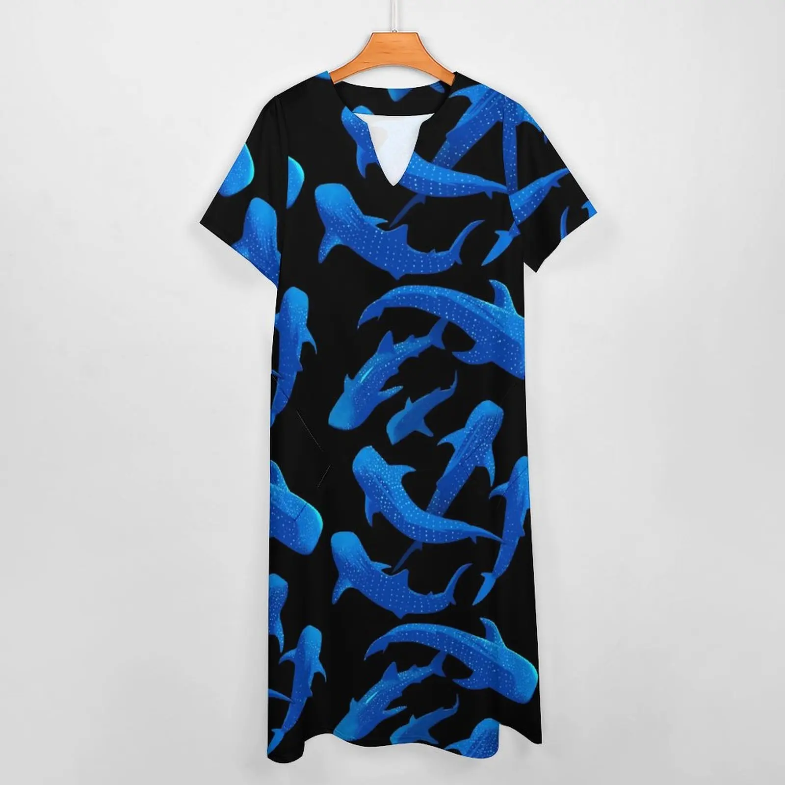 Shark Whale Dress Blue Animal Print Vintage Maxi Dress Streetwear Casual Long Dresses Women V Neck Custom Big Size Vestidos