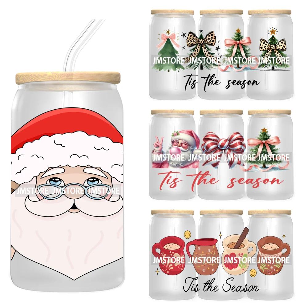 

Tis The Season Рождественская елка Santa Coquette Cow 16OZ УФ-обертка для чашки DTF Transfer Sticker для Libbey Glass Can Cup Tumbler Новый год
