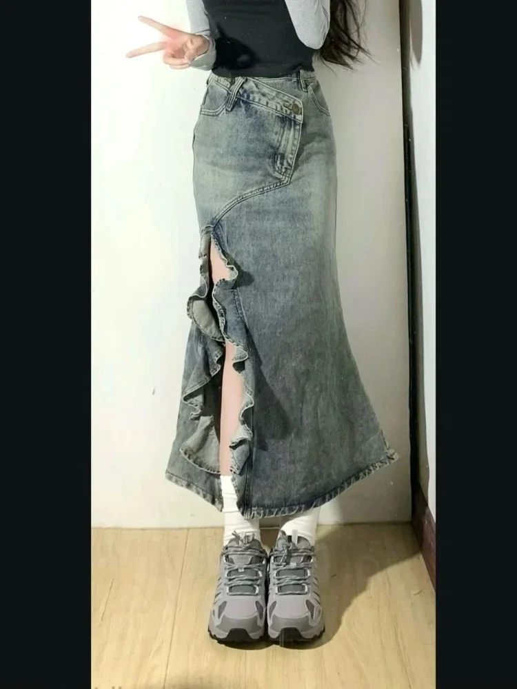 2024 Zomer Slanke Denim Onregelmatige Split Fishtail Lange Rok Hoge Taille Loszittende Blauwe Zeemeerminrok