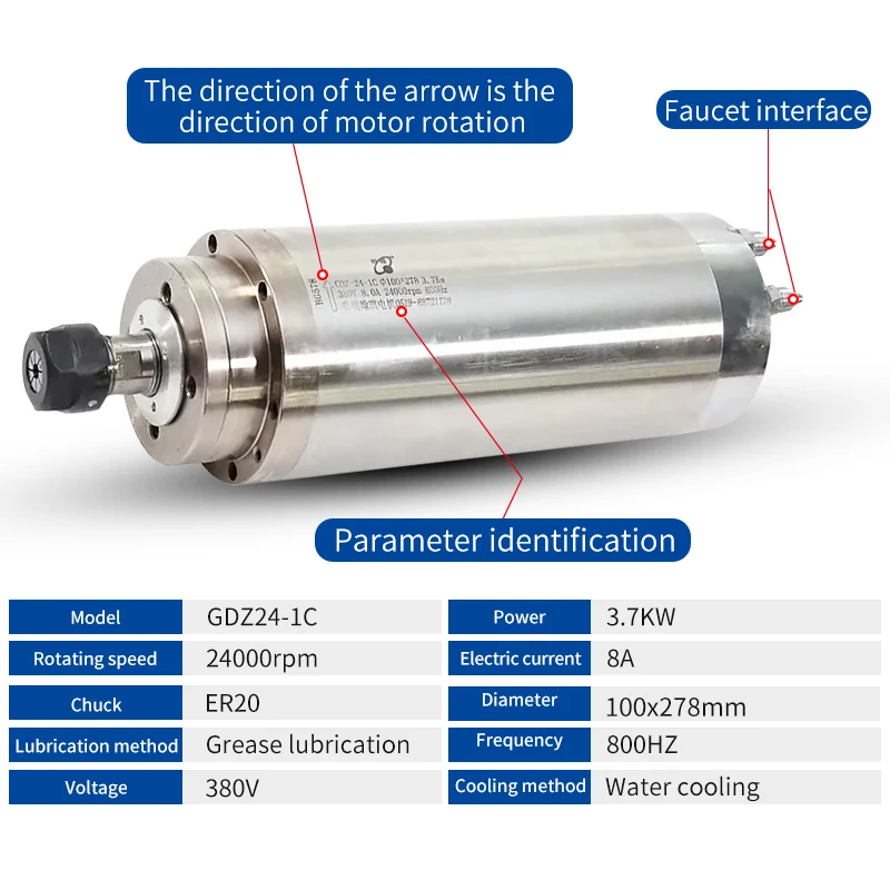 มอเตอร์3.7KW หมุนระบายความร้อนด้วยน้ำ ER20 24000รอบต่อนาที100มม. 220V 380V ความแม่นยำสูงสำหรับเครื่องแกะสลัก CNC