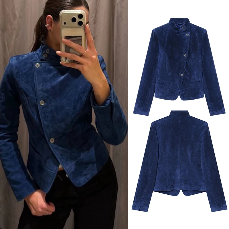 Women Faux Suede Jacket Double Breasted Lapel Short Coat Vintage Slim Fit Blazer Autumn Winter Warm Outerwear Fashion