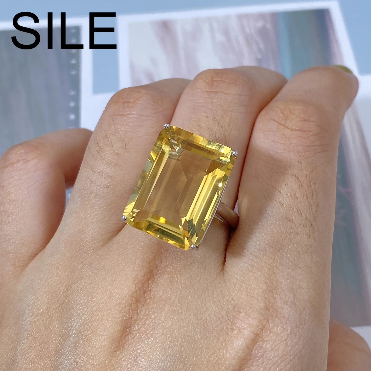 SILE 21ct Gemstones Natural Citrine Rings For Women Luxury 925 Sterling Silver Fine Jewelry Vintage Party Jewel Accessories Gift