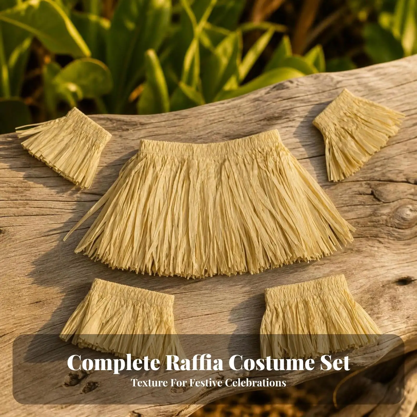 Luau Party Hawaiian Grass Skirt for Women Paper Raffia Fringe Dance Set Adjustable Hook Loop Costume Five Pieces