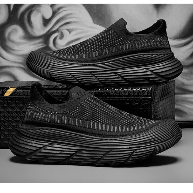 

Мужские кроссовки, вязаная повседневная обувь, 2026, черные мужские кроссовки на мягкой подошве, уличная обувь на платформе, мужская обувь без шнуровки с сеткой, Zapatos