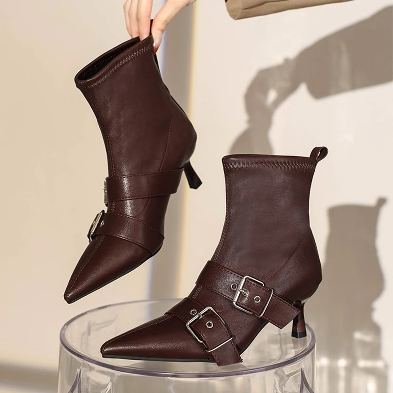 

Сексуальные женские ботильоны с острым носком, туфли на высоком каблуке, вечерние туфли-лодочки с пряжкой, зима 2025 г., трендовые модельные кожаные туфли, ботинки челси Mujer