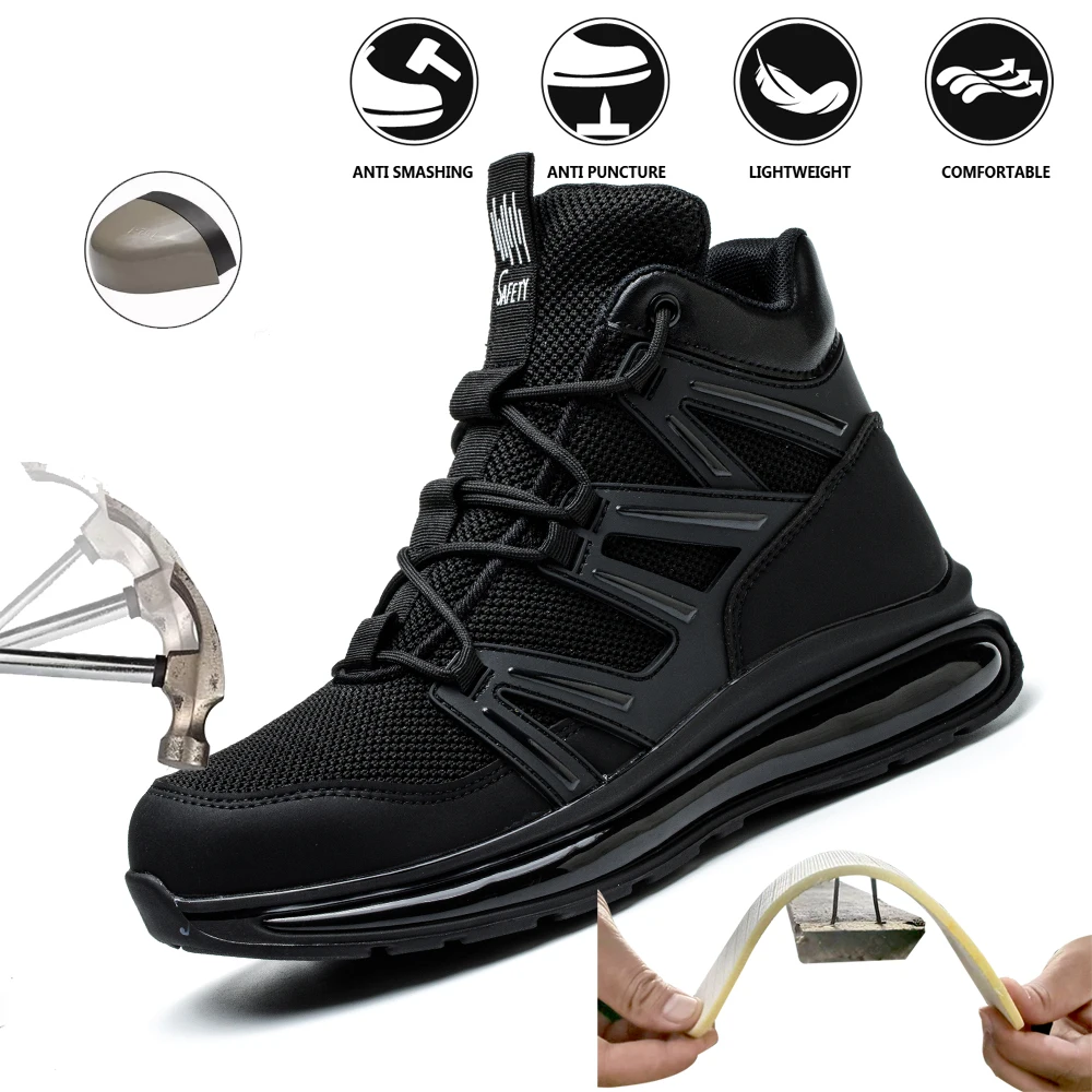 

Men's Steel Toe Safety Shoes Anti-Crush Piercing Soft Sole Breathable Fashion Pure Black Work Boots Upgraded Comfort