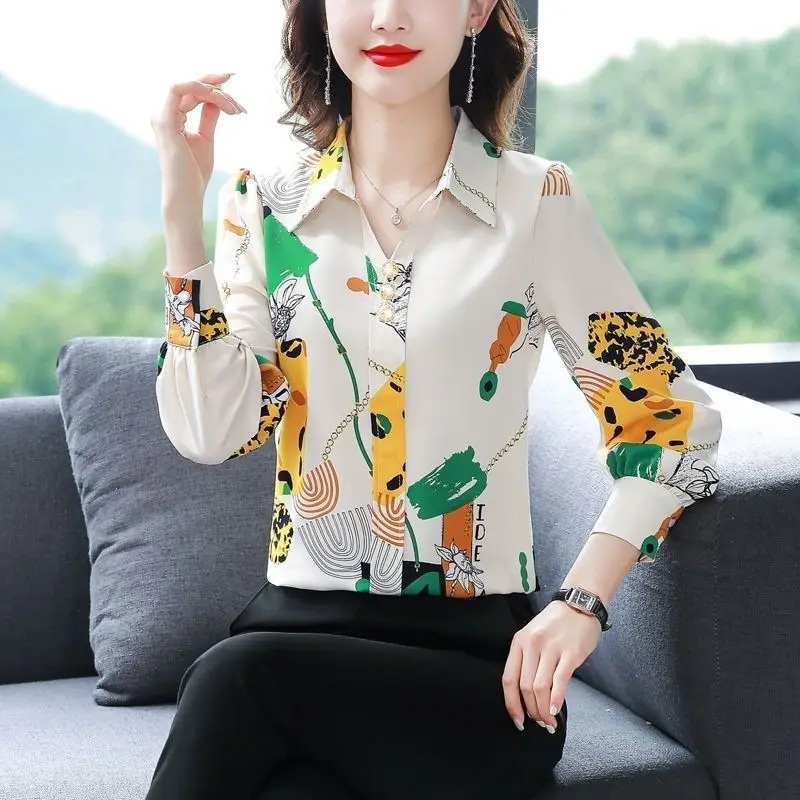 2023 New Spring Fashion Minimalist Print Polo Collar Single Breasted Long Sleeved Temperament Commuting Chic Women\'s Shirt