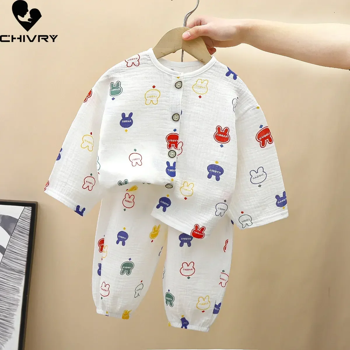 Kids Summer Thin Pajamas Sets New 2023 Boys Girls Cartoon Three-quarter Sleeve Cotton Yarn Shirts with Pants Baby Loungewear