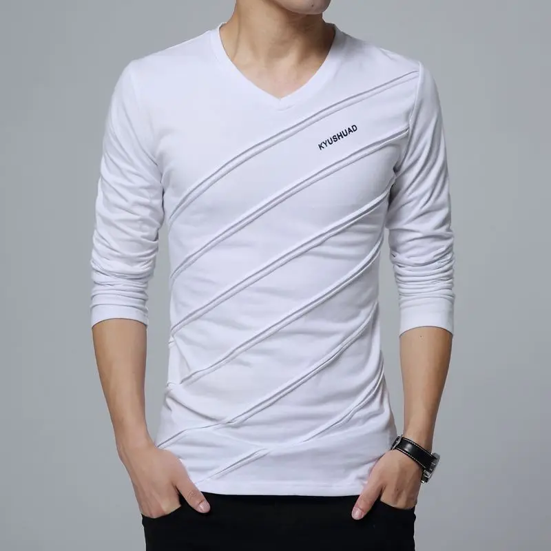 V Neck Slim Fit Male Pullover Designer Tops Casual 90s Vintage Elasticity Men's T-shirts Spring Normal Tee Emo Xxl Sweatshirt - view 2