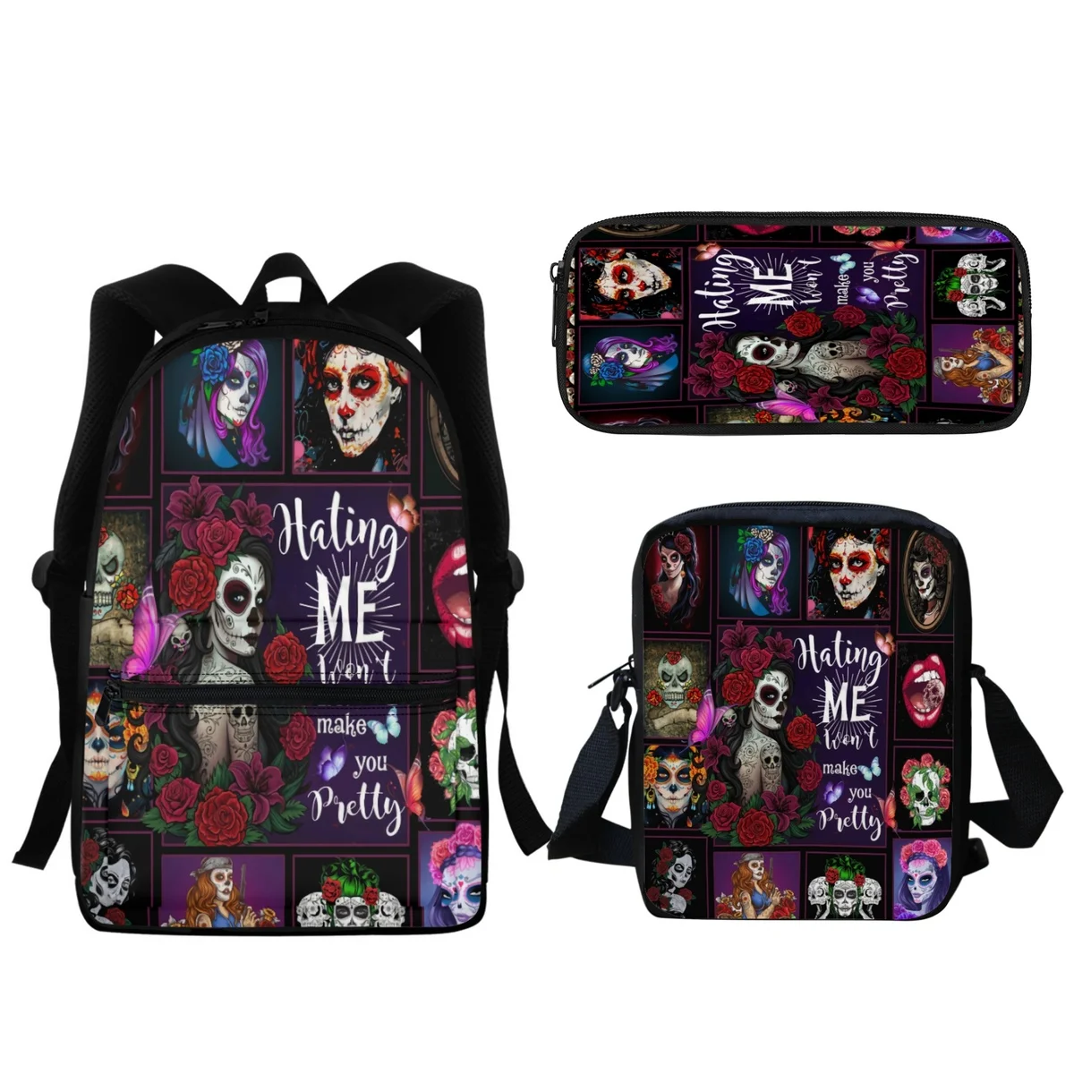 2024 3pc/set Gothic Skull Girl Design Backpack Shoulder Bag Pencil Case Boys Horror Skeleton Schoolbag Middle School Students