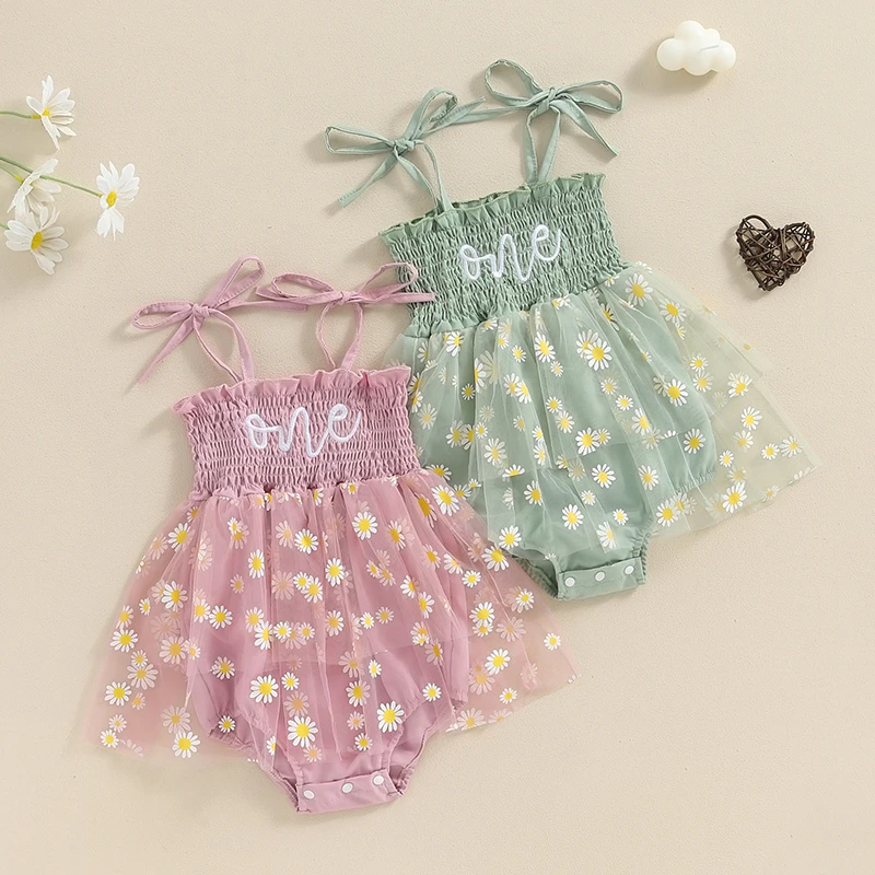 

Suefunskry Cute Baby Girls Summer Romper Dress Sleeveless Daisy Print Tulle Patchwork Cami Romper 6-18M