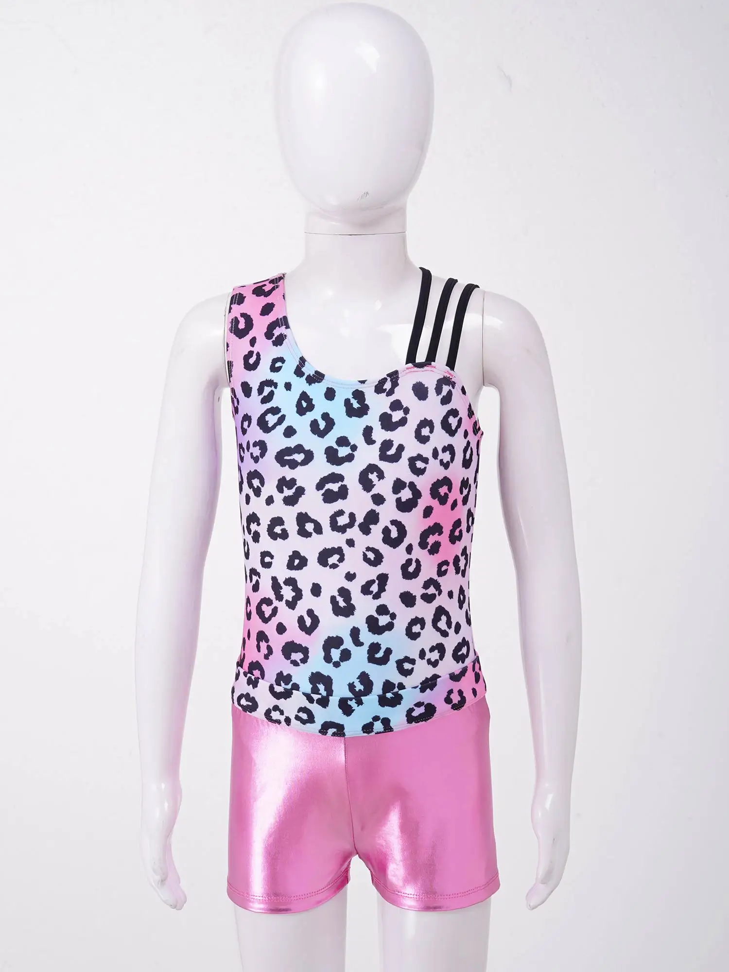 Pink Kid Girls Swimsuit Asymmetric Shoulder Sleeveless Leopard Print Leotard with Shorts Set Gymnastic Dance Sport Suit Swimwear