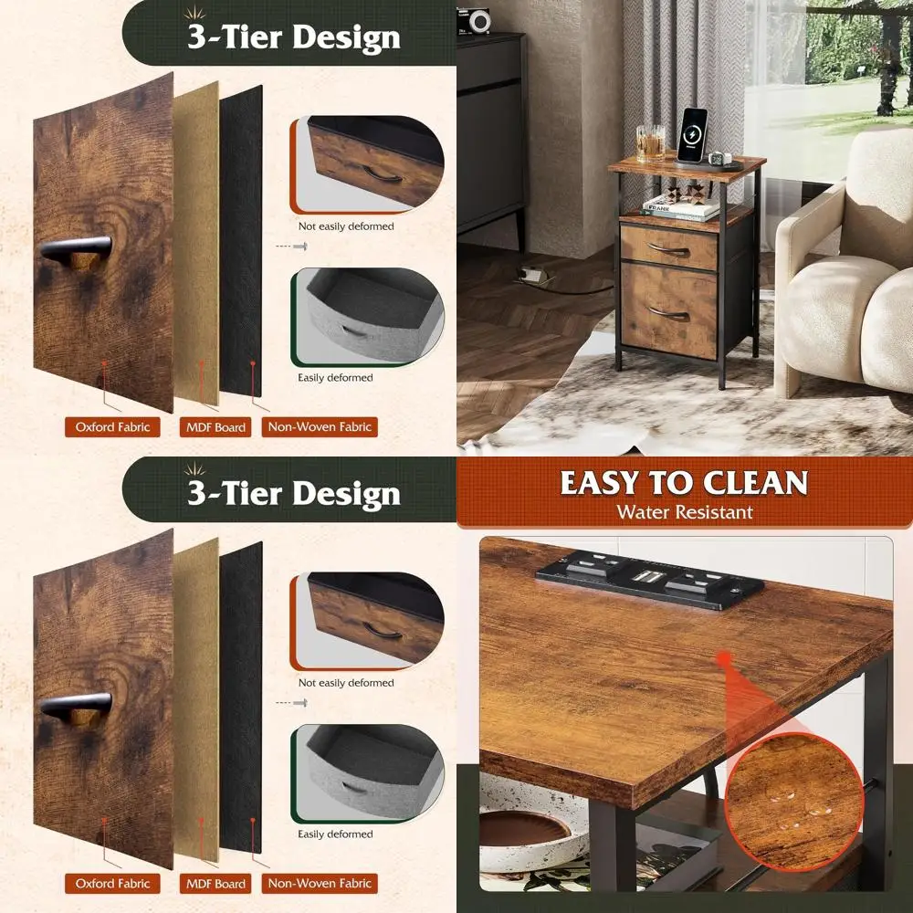 

Прикроватная тумбочка в деревенском стиле, коричневая, с двумя USB-портами, выдвижными ящиками и простой сборкой для небольших спален