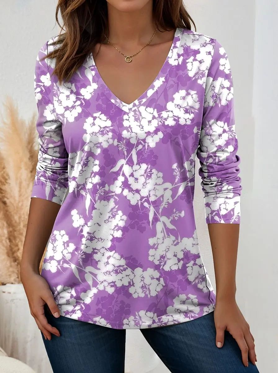 

2025 Women's T-Shirt Floral Graphic Flower Elegant Trendy Tees Long Sleeve T-shirts V-Neck Regular Tops Pullover Fall Winter