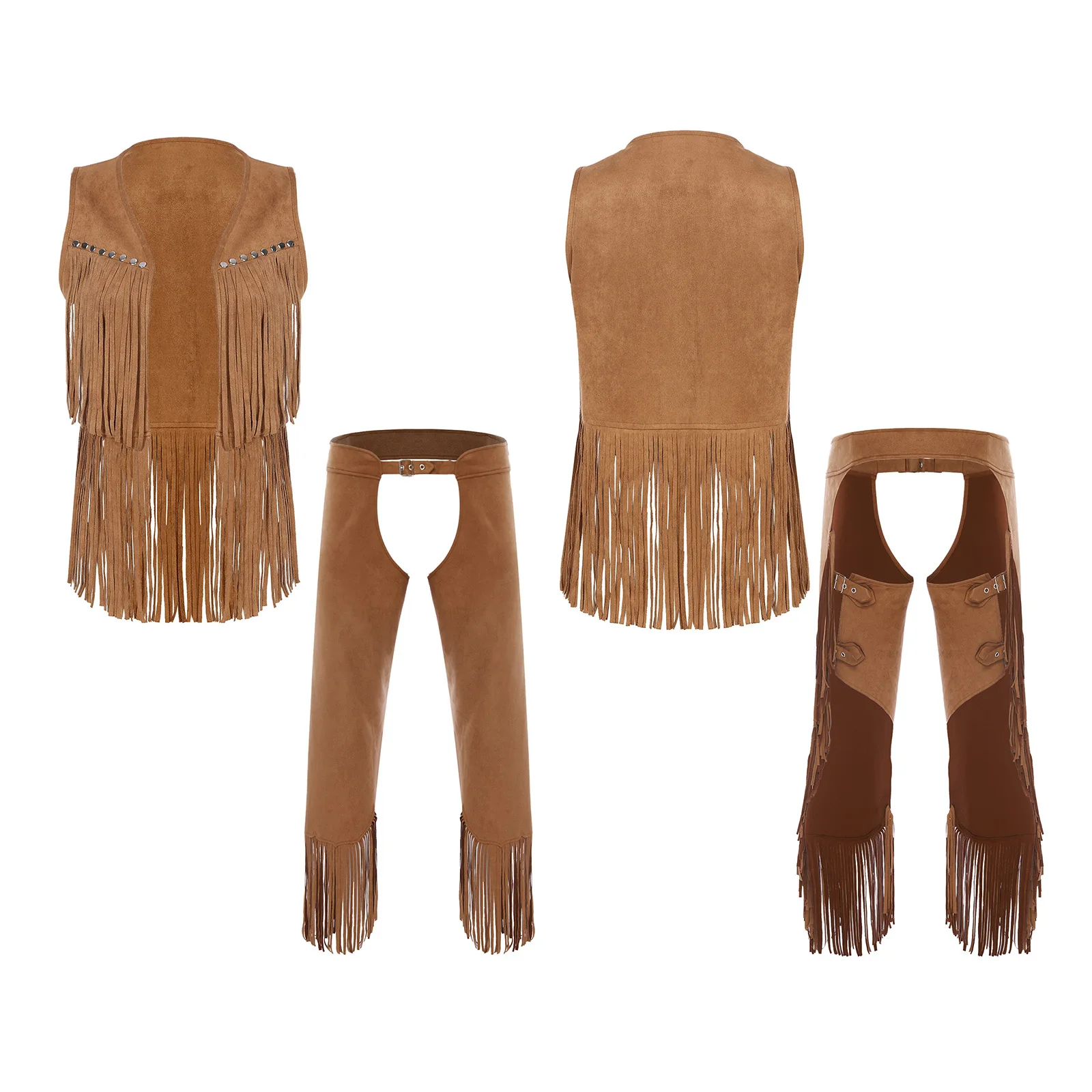 

Men Western Cowboy Faux Suede Outfit Open Front Tassel Vest and Cutout Crotch Fringe Pants for Halloween Cosplay Christmas Party