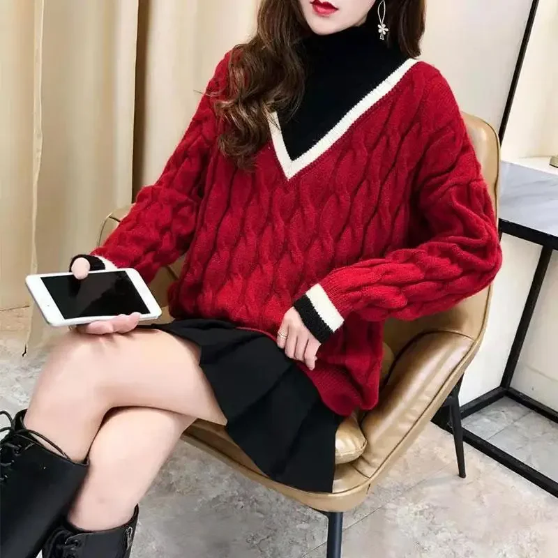 Women Trendy Patchwork Twist Streetwear Plush Thick Knitted Sweater Autumn Winter Casual Long Sleeve Loose Pullover Tops Jumpers