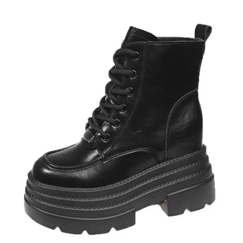

10CM Women Thick Heels Ankle Boots 2025 Winter Warm Fur Chunky Sneakers Plush High Heels Platform Leather Motorcycle Boots Woman