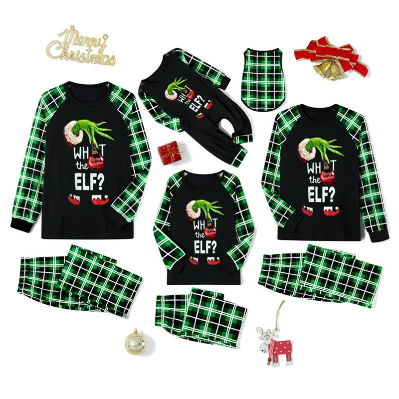 Matching Family Christmas Pajamas Set with Long Sleeve Elf Graphic Tops and Plaid Trousers for Holiday Sleepwear Fun