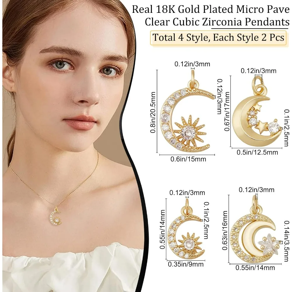 8Pcs 4 Style 18K Gold Plated Moon Charms with Cubic Zirconia Sun and Star Dangle Pendants with Jump Ring for DIY Necklace