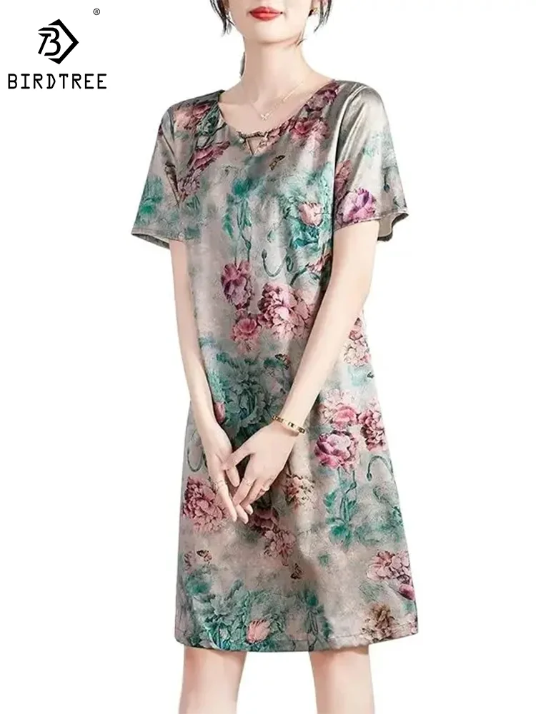 BirdTree 89.4%Mulberry Silk Women Dresses, Floral Print Short Sleeve, Elegant Loose Retro Dress, 2024 Spring Summer New D42257QM