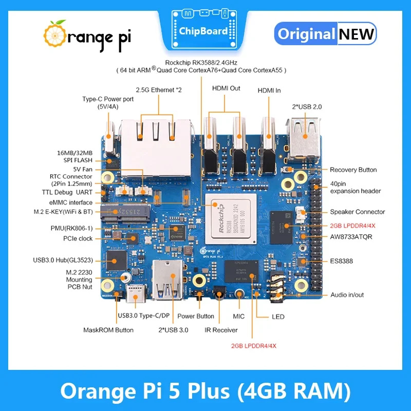 Orange Pi 5 Plus Single Board Computer 4GB RAM RK3588 PCIE Module External Wifi6.0+BT5.0 SSD Orange Pi5 Plus Run Android Debian