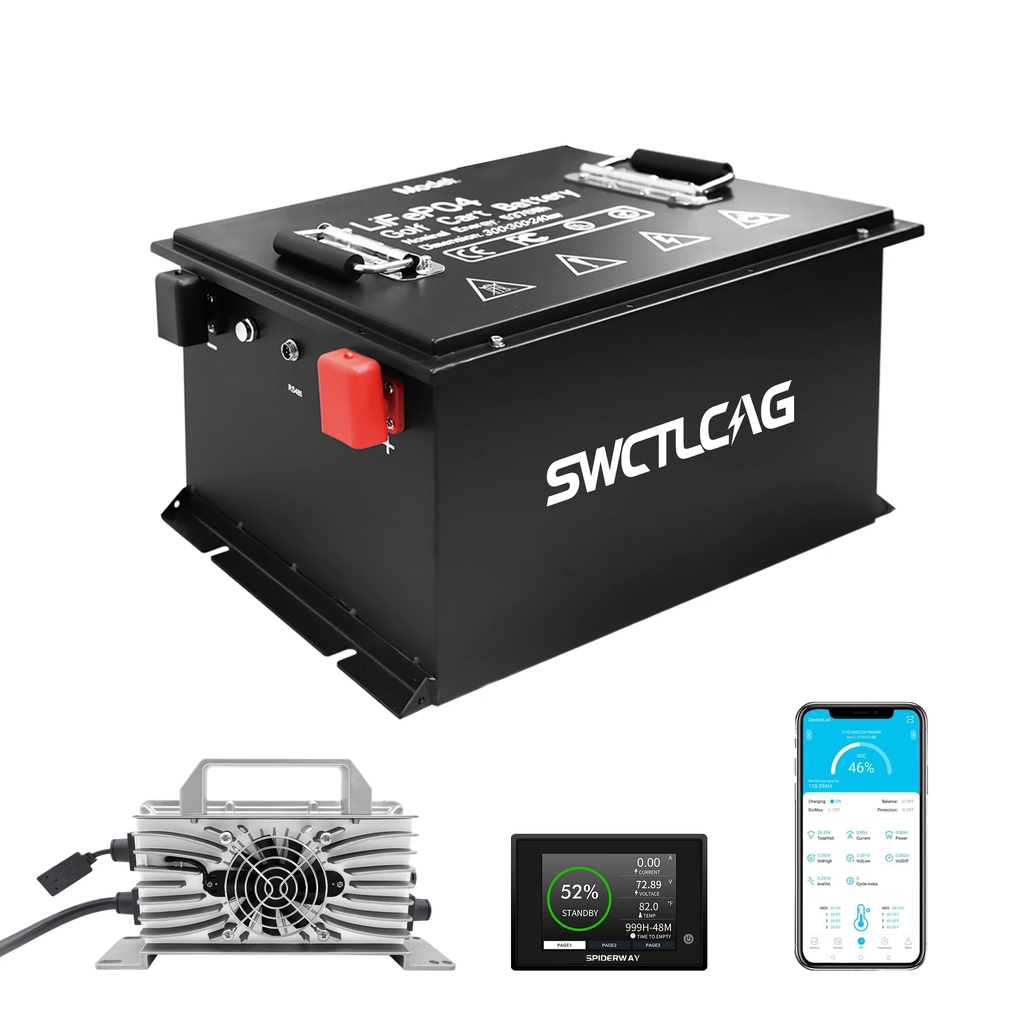 Akumulator LiFePO4 36V 105Ah do wózków golfowych z wbudowaną szybką ładowarką 25A, Bluetooth i BMS 200A do myjek podłogowych Nilfisk Tennant Nobles