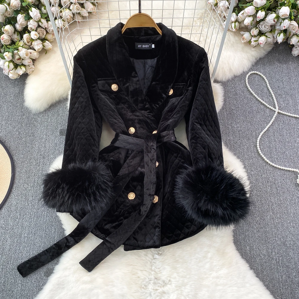 

Cotton Padded Velvet Suit Jacket for women Winter New Korean Fashion Double Breasted Warm Coats with Belt Loose Women's Outwear