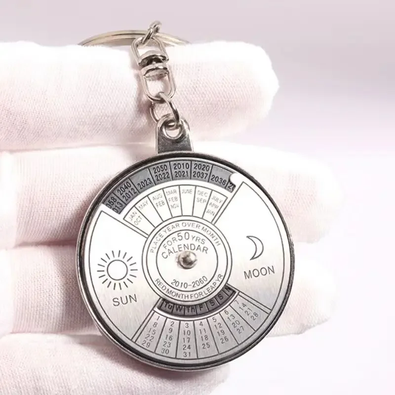 50 Years Perpetual Calendar Keychain Silver Alloy Keyring Car Key Decoration image 3