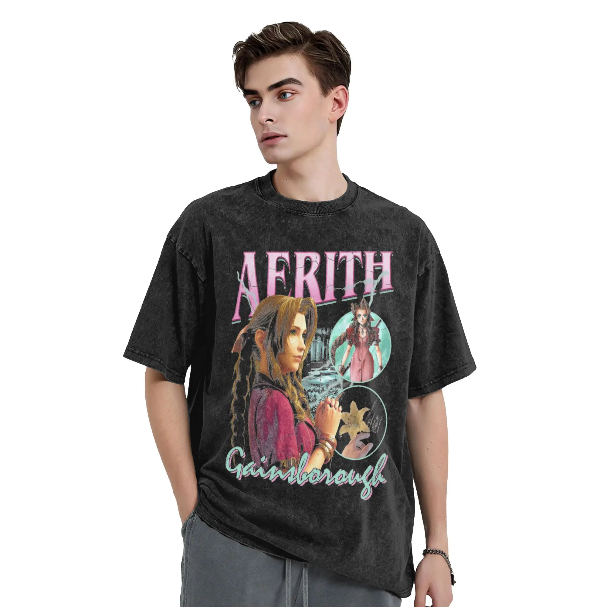 Aerith Gainsboro Vintage Finals Fantasys 7 Washed T Shirts 100% Cotton Vintage T-Shirt O Neck Tee Shirt Short Sleeve Tops